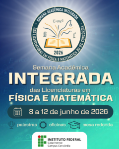 Logomarca da Semana Acadêmica Integrada das Licenciaturas em Física e Matemática do IFC Concórdia (SAFIMA 2026). A arte possui formato circular, com em amarelo claro e borda em azul-petróleo. Na parte externa da borda circular, em letras claras, aparece o nome do evento: “Semana Acadêmica Integrada das Licenciaturas em Física e Matemática do IFC Concórdia”. No centro, há um livro aberto em tons de amarelo e laranja, de onde saem linhas curvas e símbolos relacionados à Física e à Matemática, como fórmulas e gráficos. Abaixo do livro está escrito “2026”. O conjunto utiliza cores suaves e elementos acadêmicos que remetem ao conhecimento e à integração entre as duas áreas. 