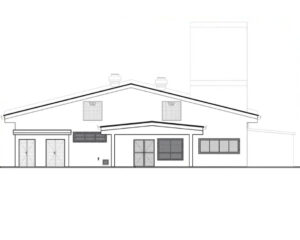 Desenho técnico em preto e branco da fachada de uma edificação. A construção possui telhado de duas águas, com um volume central avançado que marca a entrada principal. Na parte frontal há portas, janelas e aberturas de ventilação representadas por linhas e hachuras. Sobre o telhado aparecem dois exaustores e, à direita, uma estrutura vertical alta semelhante a uma chaminé. A imagem apresenta apenas os contornos arquitetônicos, sem cores ou elementos de paisagismo. 