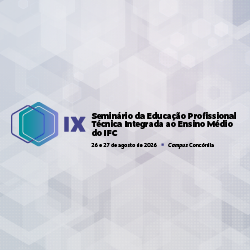 Card quadrado com fundo branco e cinza-claro, formado por padrões geométricos de cubos translúcidos. À esquerda, há um ícone geométrico azul e verde. Ao lado, aparece o texto “IX Seminário da Educação Profissional Técnica integrada ao Ensino Médio do IFC”. Abaixo, informa-se a data “26 e 27 de agosto de 2026” e o local “Campus Concórdia”.